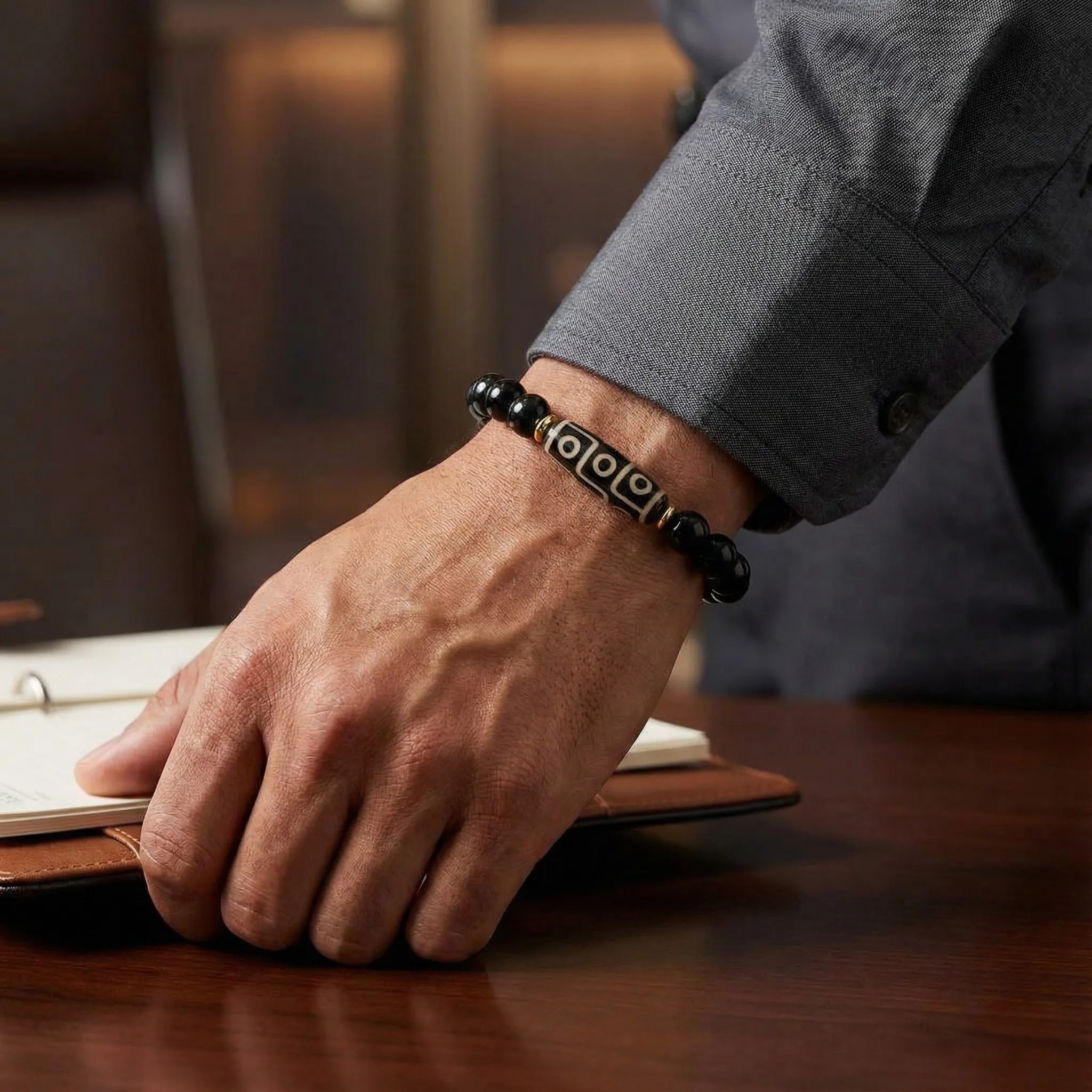 Nine-Eye Dzi Bead Power Bracelet Black Onyx