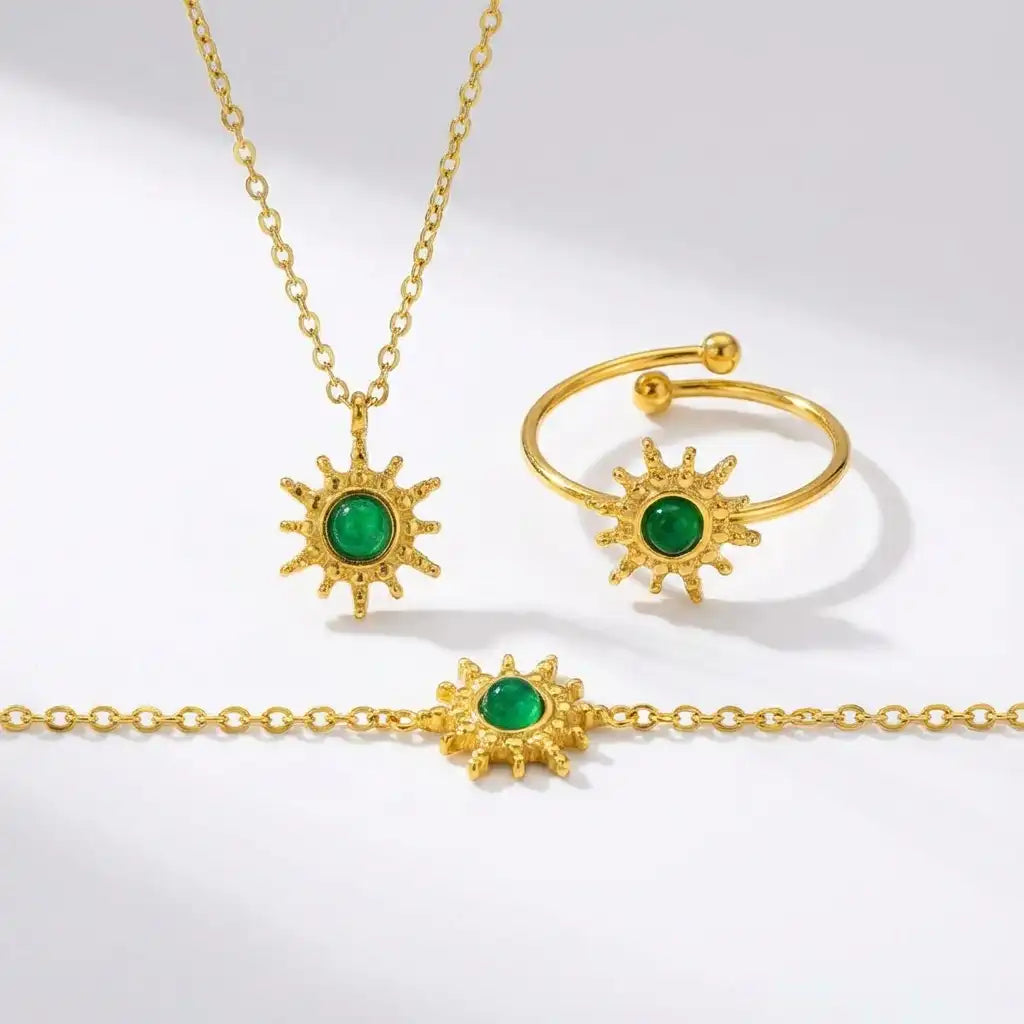 Emerald Titanium Gold Solar Protection Fortune Elegant Jewelry Set