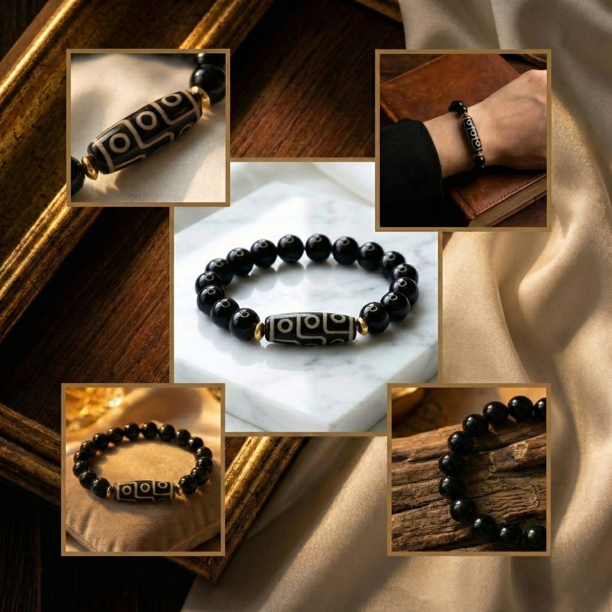 Nine-Eye Dzi Bead Power Bracelet Black Onyx